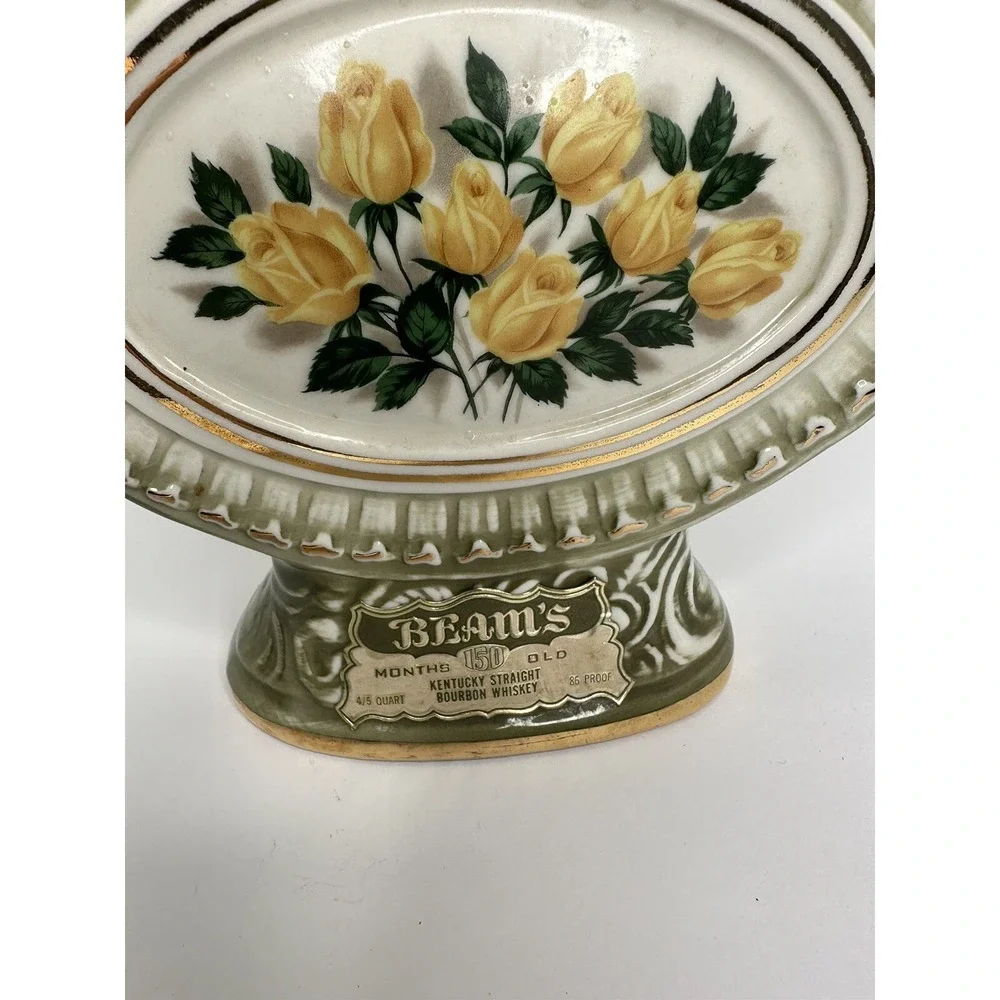 Jim Beam Decanter Pitcher Vintage Floral Yellow Rose Green Gold 4/5‎ Quart